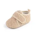 Close-up view of a cozy beige sherpa baby walking shoe featuring soft warm fleece lining - Apricot