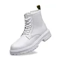 Stylish white lace-up combat boots featuring side zipper and a thick platform sole - White