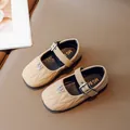 Elegant beige quilted girls' Mary Jane shoes with rhinestone M and soft rubber sole - 21 / Brown