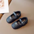Girls' black leather Mary Jane shoes with quilted pattern and diamond W buckle - 21 / Black
