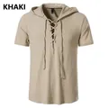 Κοντινό πλάνο χακί ανδρικού T-shirt με κουκούλα από βαμβακερό λινό ύφασμα - Χακί