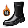 Botas altas de cuero negro para hombre con forro polar cálido y suela antideslizante - Forro de Felpa