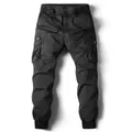 Men's casual black cargo pants with multi-pockets and elastic drawstring waist. - 29 / Bottoms / Black
