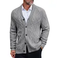 Elegant grey cable knit cardigan for men featuring a shawl collar and button closure - S / Tops / Gray