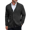 Men's charcoal gray cable knit shawl collar cardigan sweater jacket with buttons - S / Tops / Black