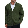 Stylish men's olive green cable-knit shawl collar cardigan sweater with buttons - S / Tops / Army Green