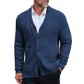 Classic blue cable-knit men's shawl collar cardigan with buttons and pockets - S / Tops / Dark Blue