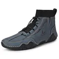 Blue-grey mid-top men's casual boots with sock collar and drawstring laces. - Dark Blue