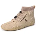 Khaki men's mid-top Martin boots with a comfortable knit sock collar and Salkin branding - Beige