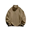 Detail of khaki men's fleece-lined sweatshirt featuring a half-zip stand collar design - S / Tops / Camel