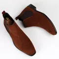 Detailed top view of brown suede men's Chelsea boots with elegant small square toe - 40 / Chelsea Style (20014B) / Brown