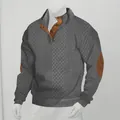 Close-up of men's grey textured cable knit sweater with brown faux leather collar detail - S / Tops / Dark Gray