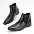 Detailed side view of black men's Chelsea boots with luxury crocodile skin texture. - 40 / Crocodile Pattern (10042) / Black