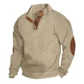 Close-up of beige cable knit henley sweater with vintage brown elbow patches - S / Tops / Khaki
