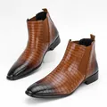 Macro view of men's brown Chelsea boots featuring crocodile texture and gradient toe - 40 / Crocodile Pattern (10042) / Brown