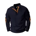 Men's navy blue half-placket sweatshirt featuring diamond jacquard texture and elbow patches. - S / Tops / Navy Blue