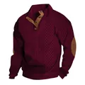 Men's vintage burgundy cable knit Henley sweater with stand collar and elbow patches - S / Tops / Burgundy