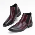Detailed side view of wine red men's Chelsea boots featuring embossed crocodile texture - 40 / Crocodile Pattern (10042) / Burgundy