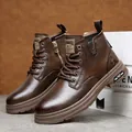 Bottes Martin vintage en cuir marron pour hommes avec lacets et fermeture éclair latérale - 38 / Brun Doublé Polaire