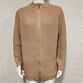 Premium men's khaki knitted cardigan featuring half turtleneck and smooth full zipper - M / Tops / Khaki