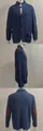 Comprehensive front, side, and back views of a blue men's knitted cardigan with elbow patches - Blue