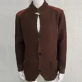 Premium men's brown textured knit cardigan sweater with contrast suede shoulder patches - S / Tops / Coffee