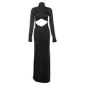 Elegante vestido negro de cuello alto con abertura sexy en la cintura y manga larga - Negro
