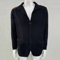 Premium men's slim fit knit cardigan sweater with brown shoulder patches and lapel collar - S / Tops / Navy Blue
