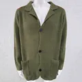 Men's army green waffle knit cardigan with lapel collar and contrast shoulder patches - S / Tops / Army Green
