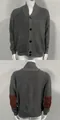 Men's grey knitted cardigan featuring a shawl collar and contrast elbow patches. - M / Tops / Gray
