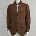 Brown men's waffle knit cardigan sweater with suede shoulder patches and front buttons - S / Tops / Khaki