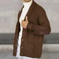 Stylish men's brown knit cardigan sweater with shawl collar and suede elbow patches - M / Tops / Brown