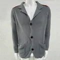 Men's grey waffle knit cardigan jacket with lapel collar and brown shoulder patches - Gray