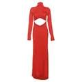 Elegante vestido largo rojo ajustado de cuello alto con manga larga y detalle cutout - Rojo