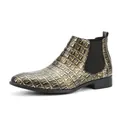 Men's stylish gold crocodile texture Chelsea boots featuring square toe and side elastic - 40 / Chelsea Style (20014B) / Crocodile Gold