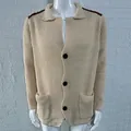 Stylish men's beige waffle knit cardigan with a slim fit and classic lapel collar design - Off White