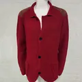 Stylish men's red waffle knit cardigan with lapel collar and brown shoulder patches - Red