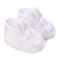 Detailed view of white soft sole baby christening shoes with lace and rose decor. - Inner Length 9cm / K09 White