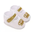 Adorable white soft-sole baby christening shoes featuring a sparkling golden crown - Inner Length 10cm / K13 Gold