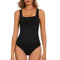 Seamless ribbed square neck bodysuit in black for women, body-hugging slimming fit. - S / Tops / Black
