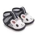 Detailed view of cute blue checkered baby pre-walker shoes featuring cartoon bunny faces - Deep Blue Grid Rabbit Style (K-17) / 9CM Bottom Length