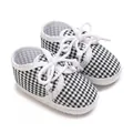 Close-up of baby shoes with black and white checkered pattern and white laces. - Blue Grid Lace-up Style (K-14) / 9CM Bottom Length