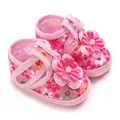 Detailed macro view of pink floral baby girl princess shoes with pearl flower decorations - Pink Floral Pearl Style (K-15) / 9CM Bottom Length / Pink