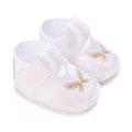Detailed view of white satin baby christening shoes with gold butterfly embroidery - Inner Length 9cm / Gold Butterfly Embroidery / White (K11)