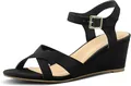 Side view of black suede wedge sandals with adjustable ankle strap and gold buckle - 35 / Black