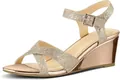 Elegant champagne gold glitter wedge sandals featuring a metallic heel and adjustable ankle strap - Champagne