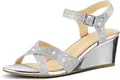 Detailed side profile of sparkling silver glitter wedge sandals featuring ankle strap buckle - 35 / Silver
