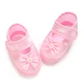 Pink baby girl christening shoes with satin bow and white pearl detail for age 0-1 - Bow Pearl Style (K-20) / 9CM Bottom Length / Pink