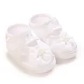 Elegant white satin baby christening shoes with pearl bow detail and velcro strap - Bow Pearl Style (K-20) / 9CM Bottom Length / White