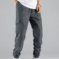 Men's dark grey multi-pocket cargo jogger pants with elastic cuffs in high street style - M / Bottoms / Dark Gray